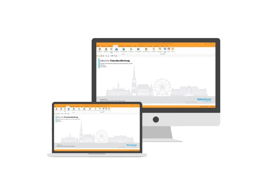 Desktop- und Laptop-Mockup mit SelectLine ERP; orange Akzentleiste, gleiche Anwendung auf beiden.