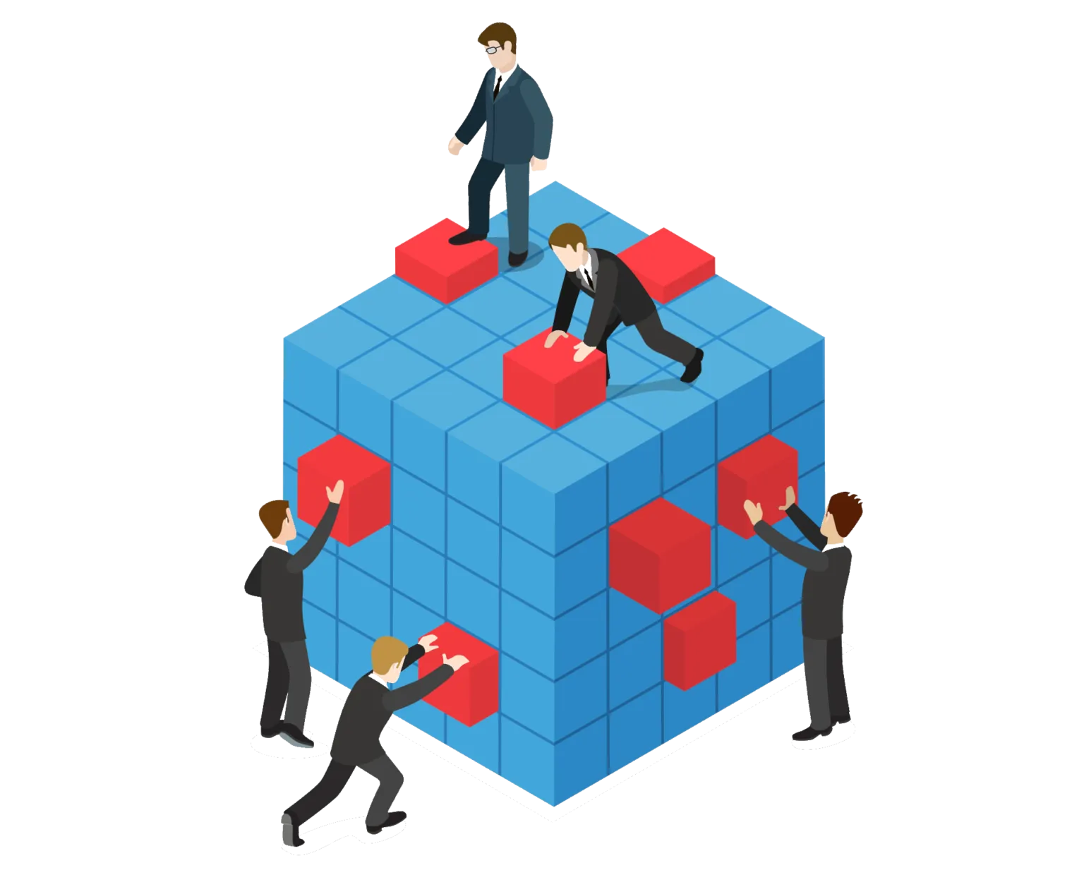 Team fügt rote Bausteine zu einem großen 3D-Würfel zusammen – Optimierung für bestehende Unternehmen.